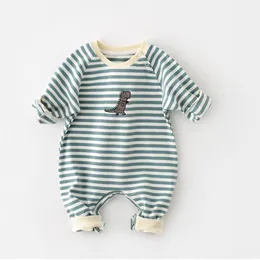 Strampler Milankel Babykleidung, gestreifter Baumwoll-Overall für geborene Jungen, Dinosaurier-bestickter Baby-Overall 230714
