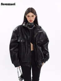 Camis Nerazzurri Spring Autumn Oversized Cool Windproof Thick Black Pu Leather Jacket Women Zip Up Designer Unisex Clothes 2023