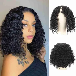 Syntetiska peruker Korta djupvåg curl V -del Syntetiska Curly Short Bob Wigs No Leave Out For Black Women Natural Color Upgrade V Part Wig X0715