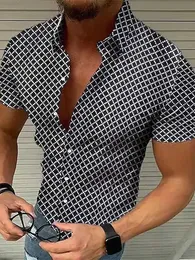 Camisas Casuais Masculinas Moda Camisa Estampada Geométrica Masculina Manga Curta Abotoada Gola Turn-down Tops Casuais Roupas Masculinas de Verão Lazer Camisas Soltas L230715