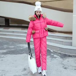 여자 2 피스 바지 겨울 옷 여성 따뜻한 바지 정장 면봉 코트 후드 파카 두꺼운 다운 재킷 여성 바지 세트