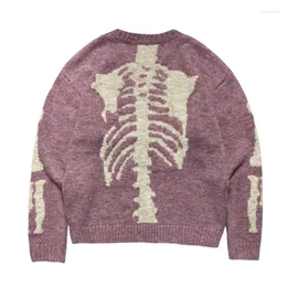 Herrtröjor japanska trendiga tröjor cardigan rund hals lösa benskelett stickade streetwear springautumn vinter par pullover män