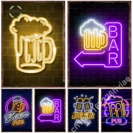 Decorative Objects Figurines Neon Beer Bar Metal Tin Sign Poster for Pub Happy Hours Party Drinking Painting Pictures Art Wall Decor Aesthetic Decoration 230714