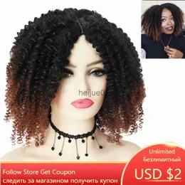 Perucas Sintéticas GNIMEGIL Feminino Sintético Afro Kinky Curly Wig Lady Ombre Brown Short Curly Wigs para Mulheres com Franja 2 Tons Headgear com Clips x0715