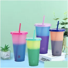 뚜껑이있는 컬러 교체 컵 뚜껑 재사용 가능한 패션 텀블러 클리어 플라스틱 PP 재료 커피 머그잔 온도 감지 하우스 DHNZS