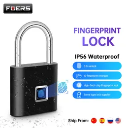 Door Locks FUERS Fingerprint Padlock Smart Keyless USB Rechargeable Lock IP56 Waterproof Quick Unlock Zinc Metal Self Developing Chip 230715