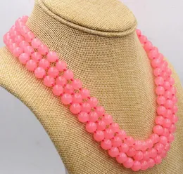 Chains Sell Fashion 3 Rows Of 8 Mm Pink Jade Bead Jewelry Necklace 17-19 InchAAA