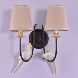 Wall Lamp Vintage Birds Sconce Bedroom Kitchen Shop Aisle Decor Light Fixtures Black Iron Fabric Lampshade XUYIMING