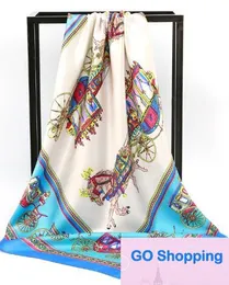 Klassisk 90 cm stor Kerchief Artificial Silk Scarf kvinnors högklassiga dekorativa små fyrkantiga handduk Huvudduk Fashion Present