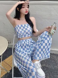 Kvinnors träningsdräkter Summer Fashion Casual Plaid 2 Piece Set Women Strapless Crop Top Wide Leg Pants Suits Female Sexy Outfits For Woman 230715