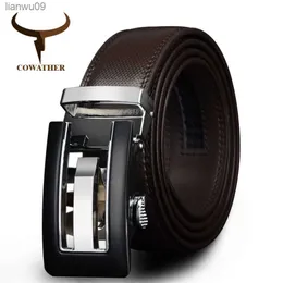 Cowather 2021 Echte Ledergürtel für Männer hochwertige braune schwarze Farbe Metall Automatischer Schnalle -Schnalle Mann Jeans Cowboy CZ045 L230704