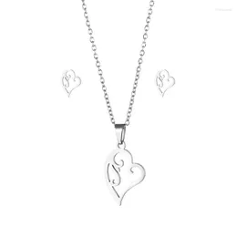 Halsband örhängen set 316l rostfritt stål hjärta ihålig pendell charm chian choker smycken för kvinnor gåva tz179