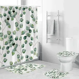 Set di tende da doccia per piante tropicali verdi con foglie di cactus, set di tende da doccia, set di tappetini da bagno antiscivolo, tappetini per WC, decorazioni per la casa