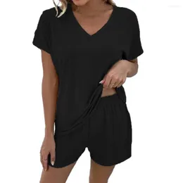 여자 트랙 슈트 여성 티셔츠 반바지 세트 V 목의 짧은 소매 탄성 허리 줄무늬 인쇄 주름 느슨한 홈웨어 컨쥬 튜닝 코스 무제어 2