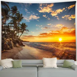 Tapissries Dome Cameras Anpassningsbara ölandskap Tapestry Beach Palm Trees Dusk Waves Hawaii Ocean Landscape Home Living Room Dormitory R230714