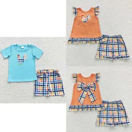 Kleidungssets Großhandel Passender Junge Mädchen Sommer Outfit Baumwolle Kurzarm Embroidey Cock Shirt Kinder Plaid Pocket Shorts Kind Kleinkind Set 230714