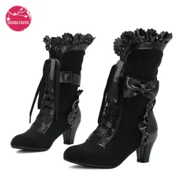 Boots Winter Girls Lolita Faux Suede Mid-Calf Boots High Heel Ruffle Trim Japanese Princess Cosplay Party Shoes Vintage Sweet Kawaii 230714