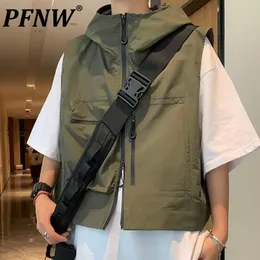 T-shirt PFNW Summer Men's Tide Techwear Waistcoat Fashion High Street Hooded Sports Harakuju Enkel stilig fritid vårväst 12A8924