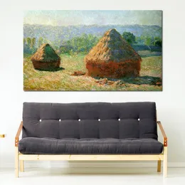 Pintura em tela de Claude Monet Grainstacks no final do verão Efeito matinal Arte feita à mão Decoração vibrante para adega