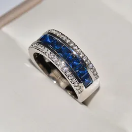 Wedding Rings 925 Stamp Finger Ring With Round Blue Square Cubic Zirconia Crystal Wide Sterling Plata For Women Jewelry 230714