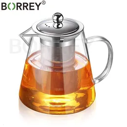 Vattenflaskor Borrey Te Infuser Pot Heatresistant Glass Teapot Cup with Filter Flower Oolong Puer Kettle Coffee 1300ml 230714