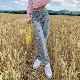 Women s Jeans Cute High Waist Cherry Embroidered Straight Denim Pants Mom Jean Autumn Fashion Skinny Trousers 230715