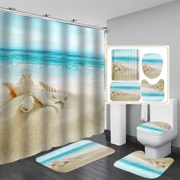 Shower Curtains 3D Dusk Beach Coconut Tree Waterproof Shower Curtains Purple Polyester Bathroom Sets Toliet Lid Cover Non-Slip Bath Mat Carpet R230715