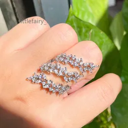 Múltiplos ajustáveis banhados a prata zircônio cúbico forma de folha grande anel de dedo longo para mulheres jóias de casamento de luxo CZ presente