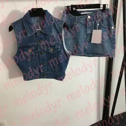 Frauen Sexy Denim Röcke Mode Designer Denim Jacke Kleid Metall Brief Patchwork Rock Streetwear Ärmellose Weste Mantel