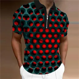 メンズポロスサマーメンズカラーポロシャツゴルフ光学錯視3Dプリントストリート短袖ジッパープリント衣料品デザイナー