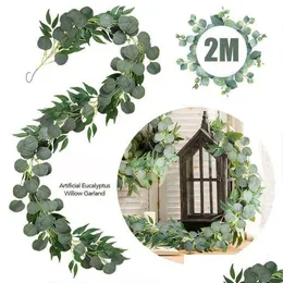 Coroas de flores decorativas Guirlanda artificial de eucalipto falso Plantas de folhas longas Folhagem verde Decoração para casa Folhagem de plantas de salgueiro1 2 Dhzw7