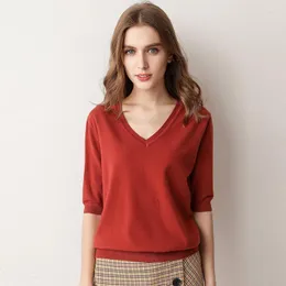 Pulls femme printemps/été 2023 pull femme couleur unie col en v demi-manches tricoté cachemire mince haut décontracté