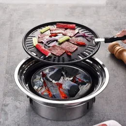 BBQ Grills Hushåll Rostfritt stål Koreansk kolugn Commercial Round Non-Stick Barbecue Oven Outdoor Camping Portable Charcoal spis 230714