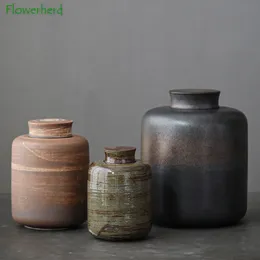 Dekorativa föremål Figurer Japanesestyle Rough Pottery Shadow Tea Pot Handmade Retro Hushållens keramiska fuktproof Sealed Canister Set Kitchen 230714