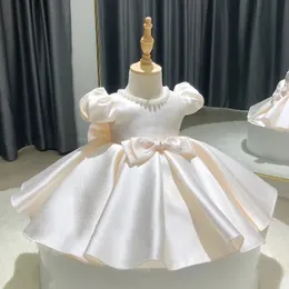 Girl's Dresses Baby Girls Dress Beads Bow born Baptism Dress For Baby 1st Year Birthday Party Dresses Puff Sleeves Toddler Clothes 230714