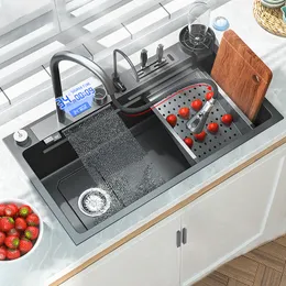 Kitchen Sinks 304 rostfritt stål kök vattenfall handfat digital display stort enskilt handfat diskbassäng med multifunktion touch vattenfall 230714