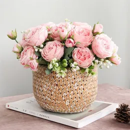 Fleurs artificielles en soie haute qualite 5 rose artifielle avec tige restaurang rum bröllop dekoration simulering bouquet224s