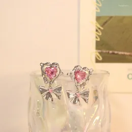 Orecchini a bottone in cristallo rosa con fiocco a forma di cuore per le donne, accessori estetici con fascino dolce e fresco vintage, gioielli di moda coreani