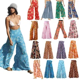 Kvinnors byxor brett ben för kvinnor hög midja blommig tryckt bälte palazzo lös flytande hippie strand pantaloni donna est