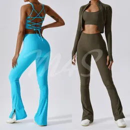 Aktywne zestawy szerokie nogi Bell Bottom Pants Zestaw jogi żeński 2/3 kawałki fitness żebrowo Pilates Sport Suit Tracksuit Gyma Obrania dla kobiet