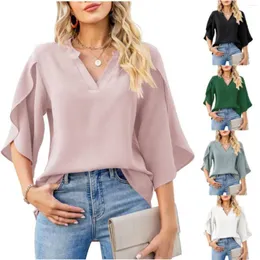 Women's Blouses Summer Ladies Three Quarter Sleeve Loose V Neck Chiffon Shirt Womens Button Down