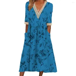Sukienki swobodne kobiety Midi Dress Floral Print Koronka w szyku w szyku z kieszeniami damski A-Line Streetwear na letni pół