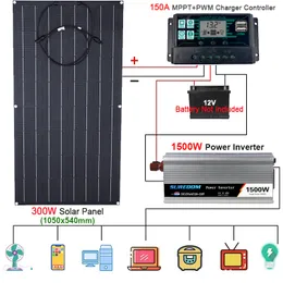 Annan elektronik 1500W solenergisystem 110/220V Inverter Kit 300W Solar Panel Batteriladdare Komplett 150A Controller Car Home Caravan Boat 230715