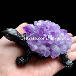 Natural Raw Stone Druzy Geode Turtle Home Decor Handmade Áspero Ametista Citrino Cristal de Quartzo Cluster Point Tartaruga Animal Espécime para Presente de Meditação de Yoga