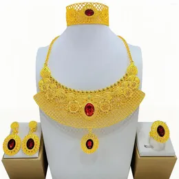 Halsbandörhängen Set Dubai 24K Gold Plated Wedding Armband Earring Ring Four Piece Jewelry for Women DD10250