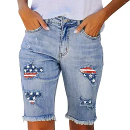 Jeans da donna con stampa bandiera a stella, casual, tasca a vita media, pantaloni in denim strappato spazzolato 18
