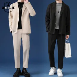 Männer Polos Männlich Casual Anzug Luxus Jacken Blazer Set Streetwear Stilvolle Koreanische 2 Stück Sets mit Hosen Frühling Mantel hosen 230715