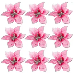 Flores decorativas Pacote com 50 enfeites de poinsétia com glitter 5 polegadas Palhetas de seda artificial guirlanda de decoração (rosa)