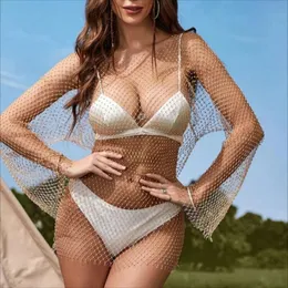 Temel gündelik elbiseler bling s fishnet mini dres seksi bodycon uzun kollu kristal elbise örgü yaz plajı doğum günü partisi 230715