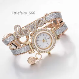 Fashion with Letters LOVE Metal Full Diamond Leather Bracelet Watch Women's Ladies Pendant Watch Quartz Watch